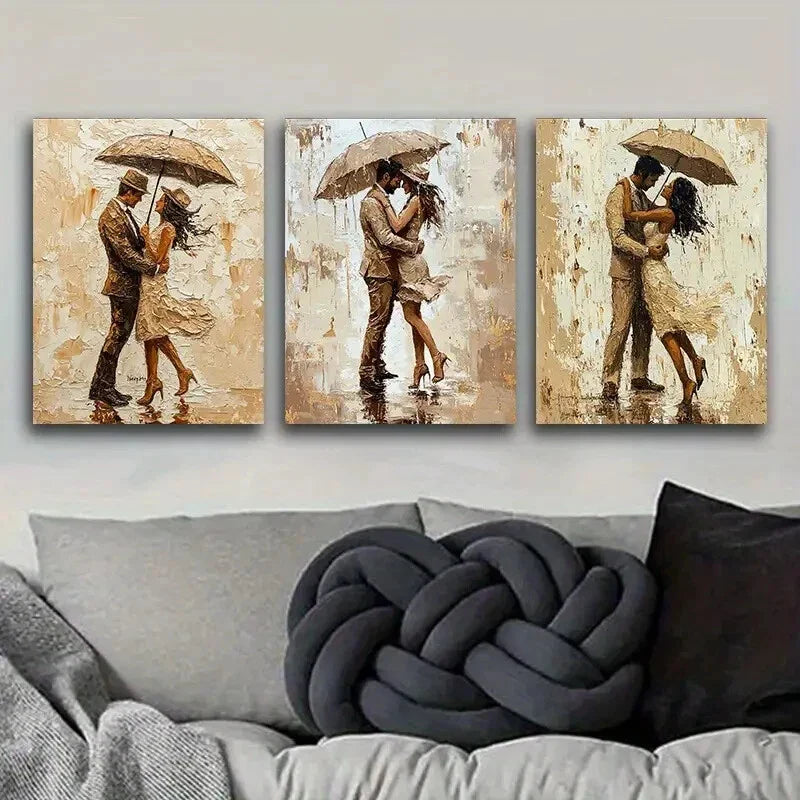 3pcs A couple is strolling in the rain Metal Print Ready to Hang Art