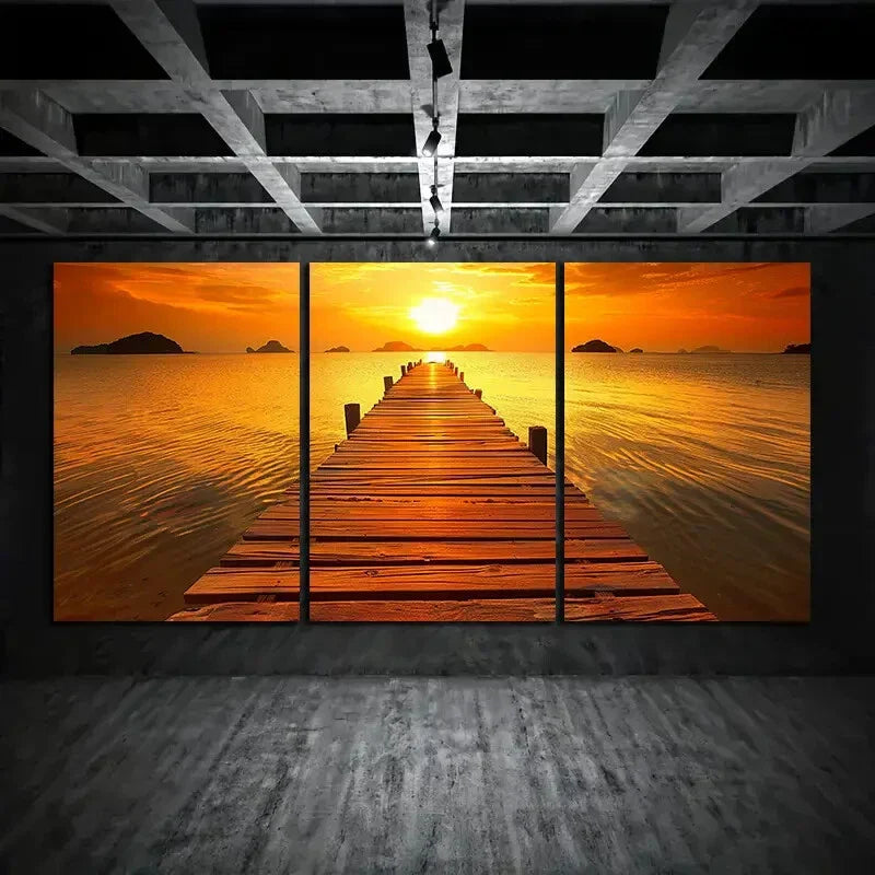 3pcs Dock Sunset Stunning Gold Metal Print Ready to Hang Art