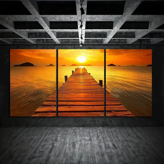 3pcs Dock Sunset Stunning Gold Metal Print Ready to Hang Art