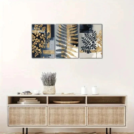 3pcs Botanical Wall Murals with Golden Leaves Metal Print Ready to Hang Art