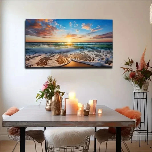 Blue Waves On The Beach Young Wall Art Canvas Office Home Room Framed 80x45cm