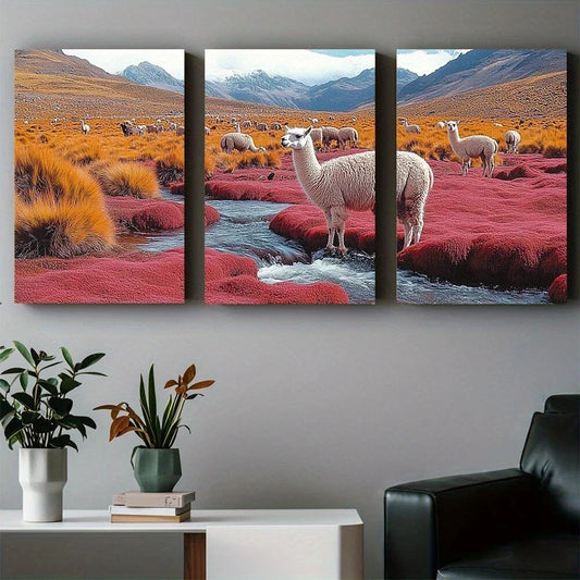 3pcs Alpaca Standing Stream on a Red Hill Metal Print Ready to Hang Art