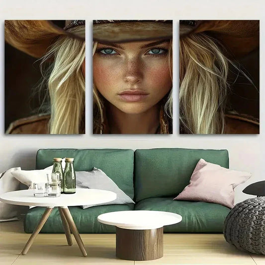 3pcs Western Cowgirl in Leather Fringe Jacket Metal Print Ready to Hang Art