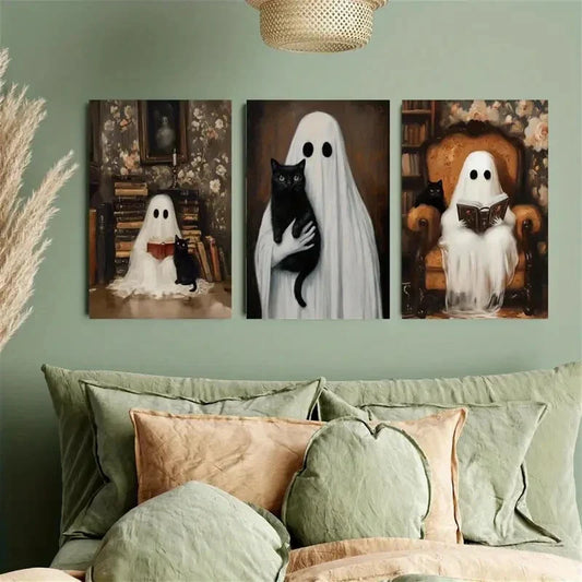 3pcs Ghosts and Cats Painting Metal Print Ready to Hang Art
