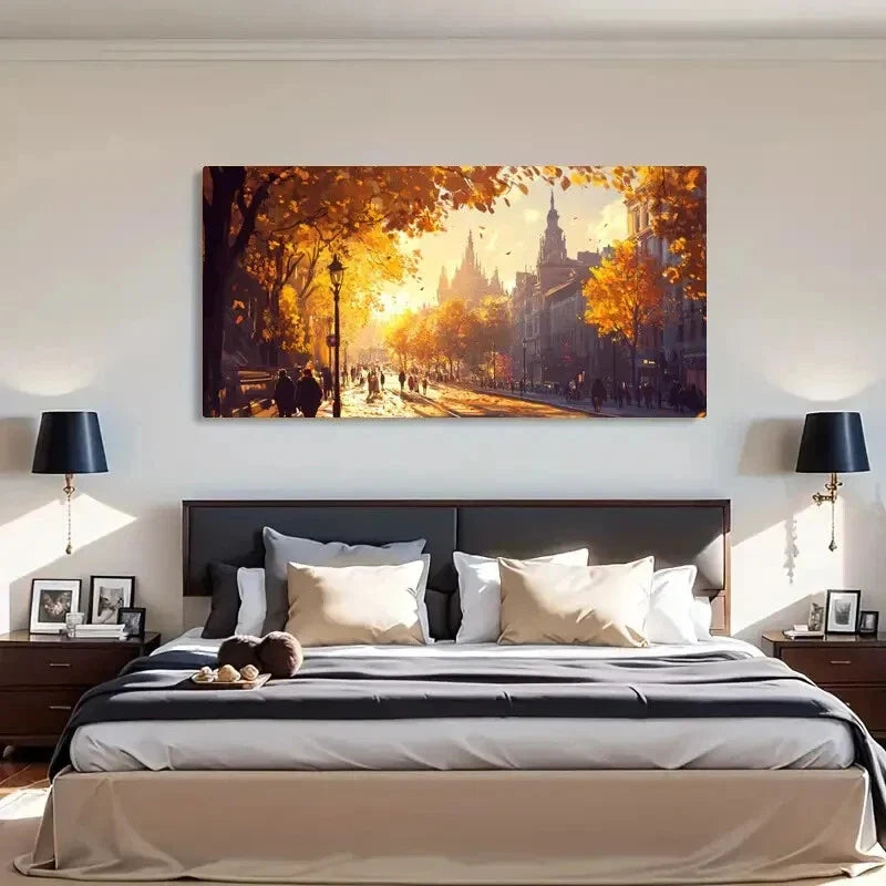 Autumn Cityscape Vibrant Yellow Wall Art Canvas Office Home Room Framed 80x45cm