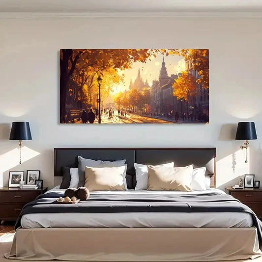 Autumn Cityscape Vibrant Yellow Wall Art Canvas Office Home Room Framed 80x45cm