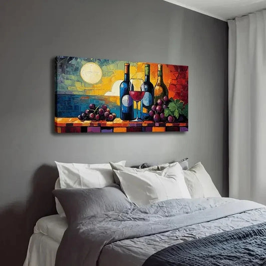 Vibrant Wine and Grapes Scene Wall Art Canvas Office Home Room Framed 120x60cm