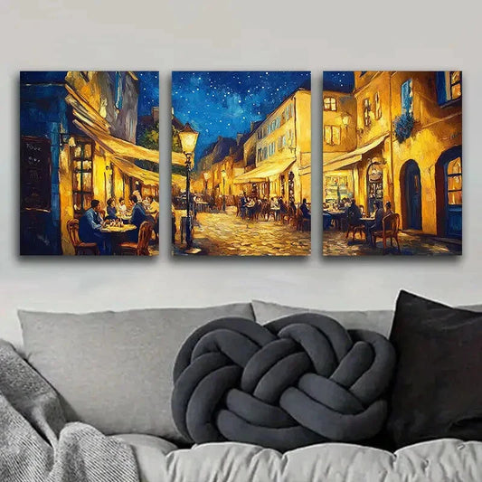 3pcs Night Street Café Scene Darkness Perfect Wall Art Set Canvas Framed 40x60cm - High Quality Print 100% Australian Made Wall Canvas Ready to Hang