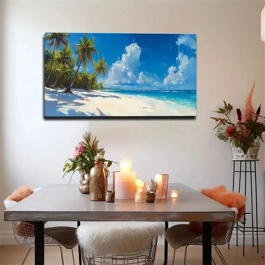 Tropical Beach Scene Wall Art canvas office home room framed 80x45cm