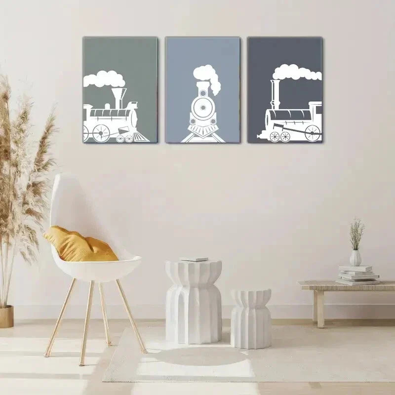 3pcs Aesthetic Steam Trains Pattern Pop Art Metal Print Ready to Hang Art