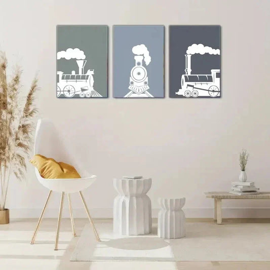 3pcs Aesthetic Steam Trains Pattern Pop Art Metal Print Ready to Hang Art