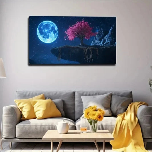 Vibrant Blue Moon & Pink Wall Art canvas office home room framed 120x60cm