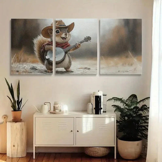 3pcs Playful Squirrel in Hat & Bandana Metal Print Ready to Hang Art