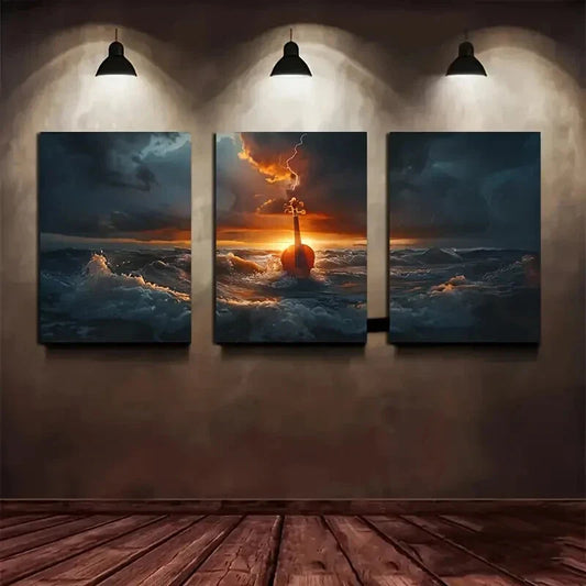 3pcs Violin Sea Storm Sunset Clouds Metal Print Ready to Hang Art