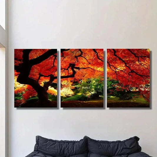 3pcs y the beautiful golden red leaves Metal Print Ready to Hang Art