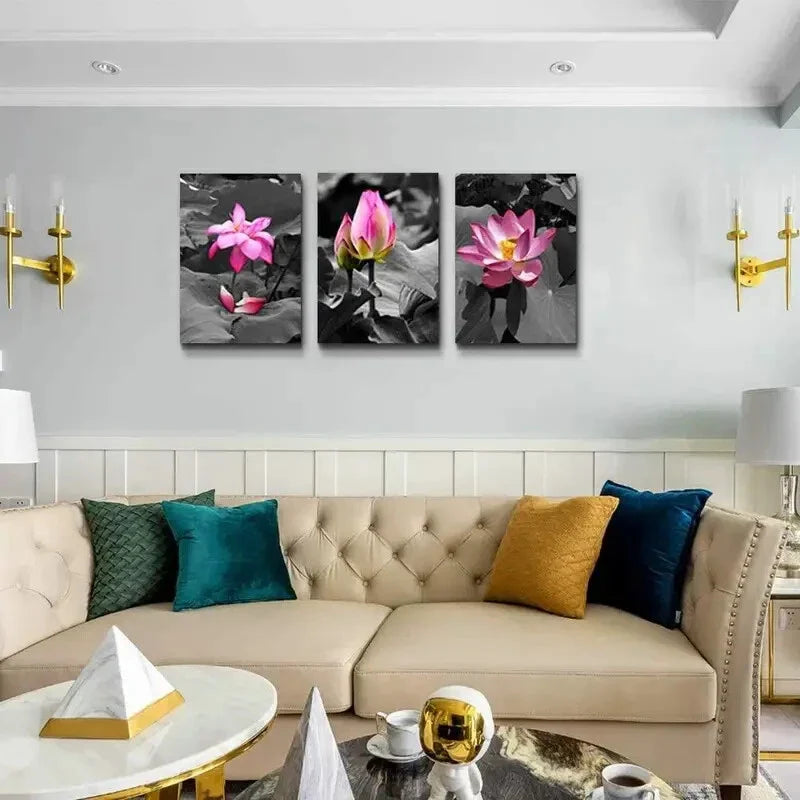 3pcs Featuring Green Plants And Flowers  Metal Print Ready to Hang Art