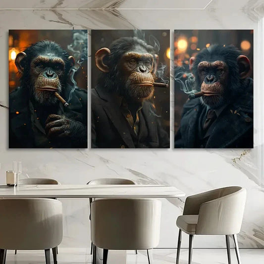 3pcs Chimpanzee Smoking cigar Black & Golden Metal Print Ready to Hang Art