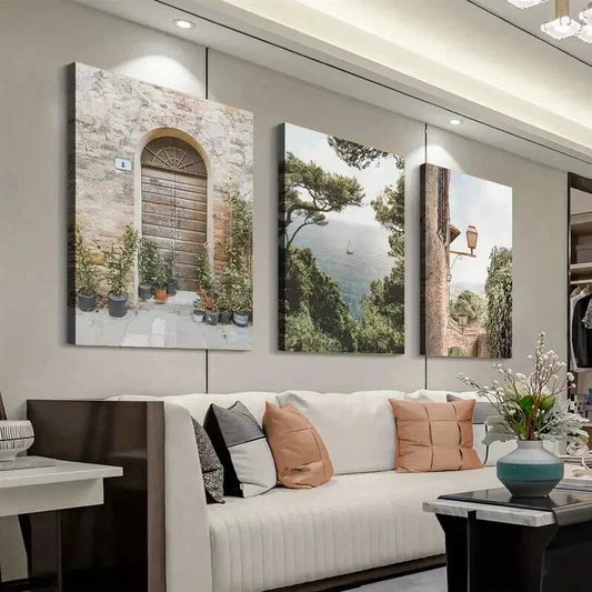 3pcs Mediterranean Landscape with Stone Door Wall Art Set Canvas Framed 40x60cm - High Quality Print 100% Australian Made Wall Canvas Ready to Hang