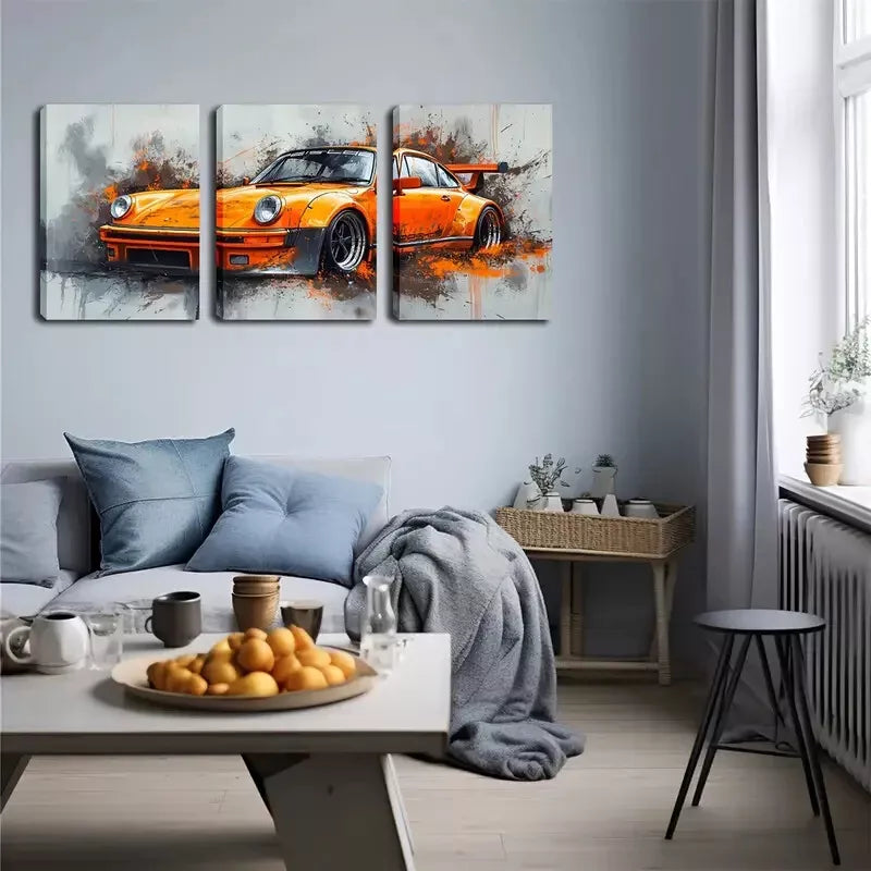 3pcs  Vibrant Orange Sports Car Triptych Wall Art Set Canvas Framed 40x60cm - High Quality Print 100% Australian Made Wall Canvas Ready to Hang