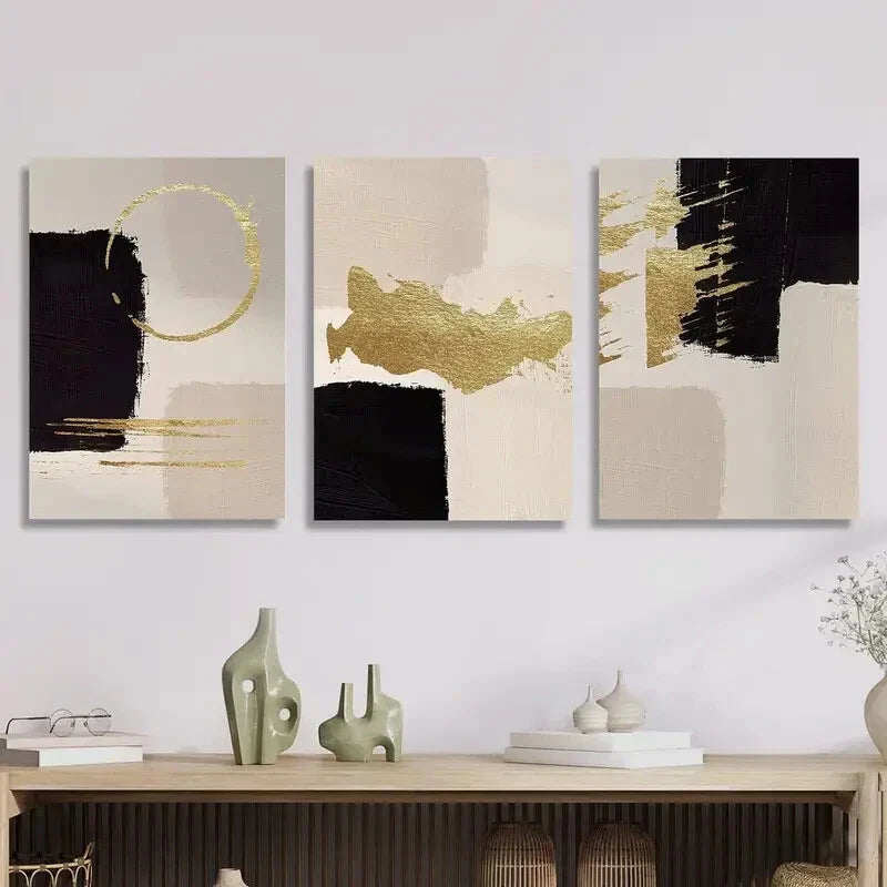 3pcs  Golden Geometric Abstract Wall Art Set Canvas Framed 40x60cm - High Quality Print 100% Australian Made Wall Canvas Ready to Hang