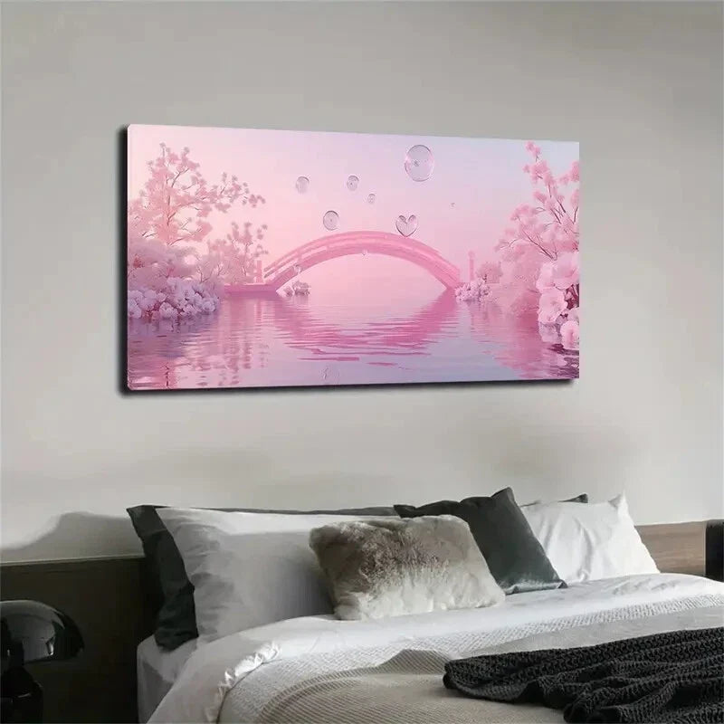 Pink Arch Bridge & River Sky Wall Art Canvas Office Home Room Framed 120x60cm