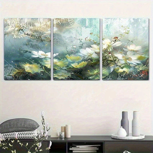 3pcs Peaceful Lotus Pond Triple Painting Lotus Metal Print Ready to Hang Art