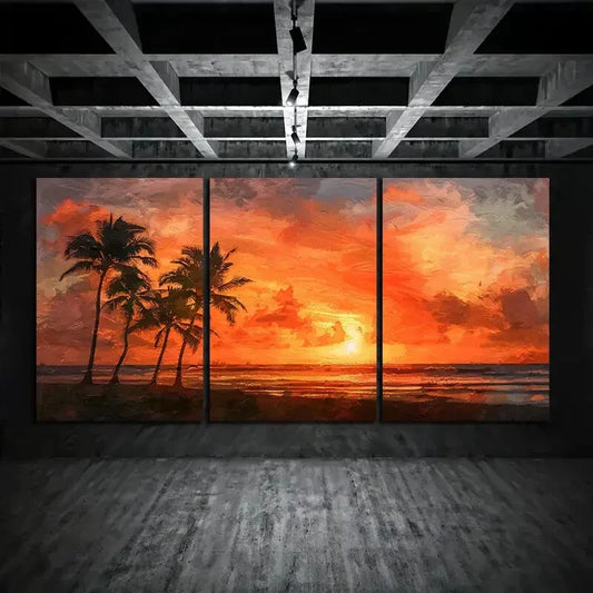 3pcs Palm Tree & Sunset Beach Metal Print Ready to Hang Art