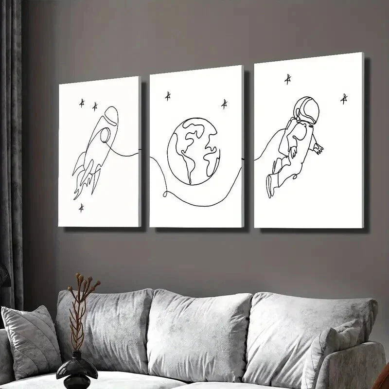 3pcs Earth Rocket Astronaut Line Drawings Wall Art Set Canvas Framed 40x60cm - High Quality Print 100% Australian Made Wall Canvas Ready to Hang