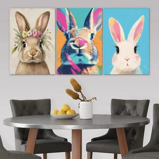 3pcs Cutest Bunnies Flowers On Head Metal Print Ready to Hang Art