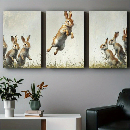 3pcs Abstract Happy Rabbit Dancing Metal Print Ready to Hang Art