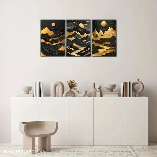 3pcs River of Golden, Golden Abstract, Golden Peak Metal Print Ready to Hang Art