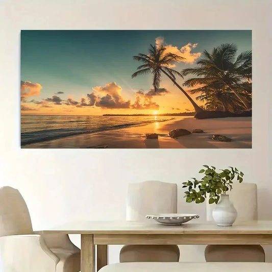 Vibrant Ocean Sunset & Palm Wall Art Canvas Office Home Room Framed 120x60cm