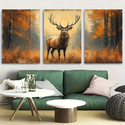 3pcs Featuring Autumn Ferns & Forest Majestic Deer Metal Print Ready to Hang Art
