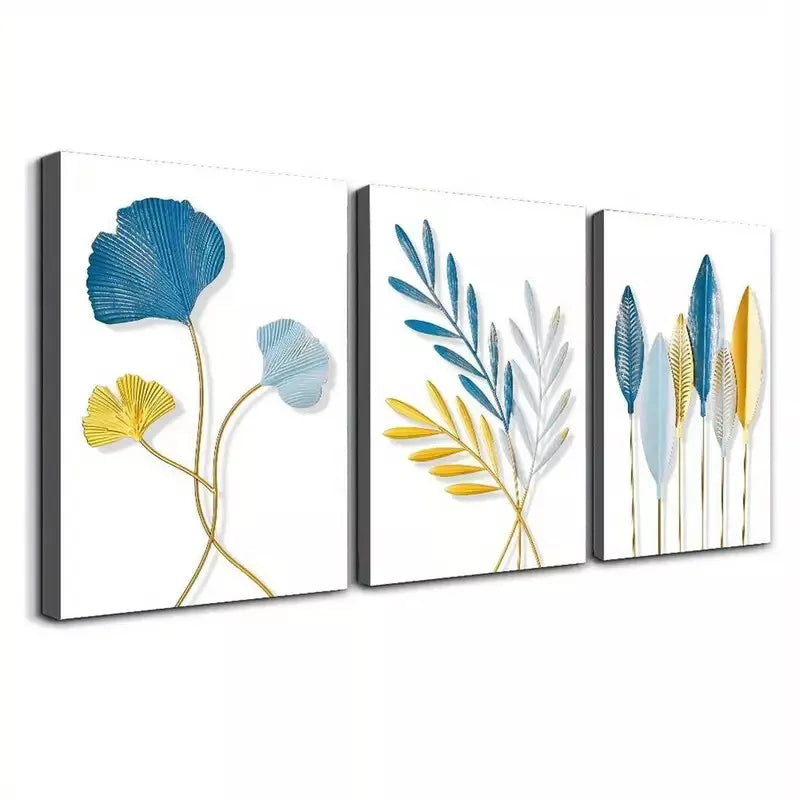 3pcs Blue and Golden leaves Of Flora Canvas Framed 40x60cm - High Quality Print 100% Australian Made Wall Canvas Ready to Hang