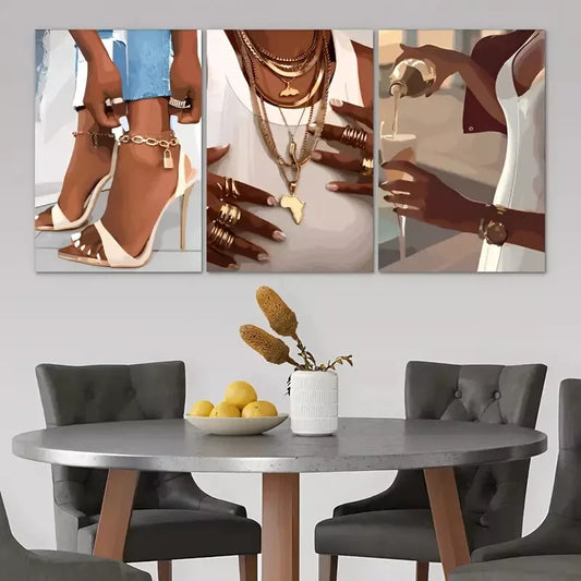 3pcs Fashionable Black Women With Heel Rings & Wine Glass Canvas Framed 40x60cm - High Quality Print 100% Australian Made Wall Canvas Ready to Hang