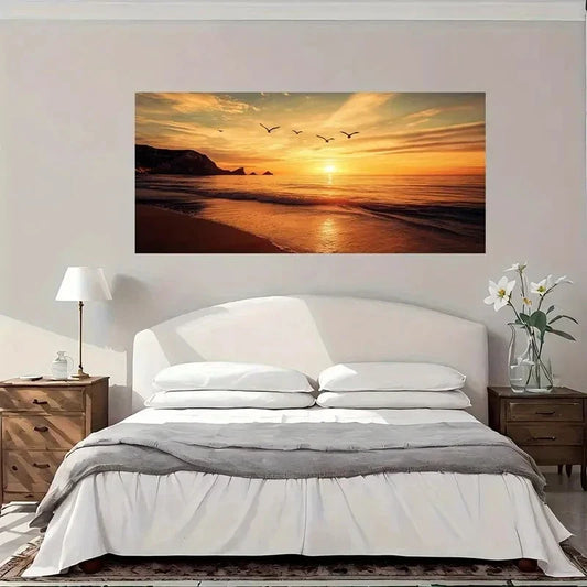 Beach Sunset Seagulls Wall Art Canvas Office Home Room Framed 80x45cm