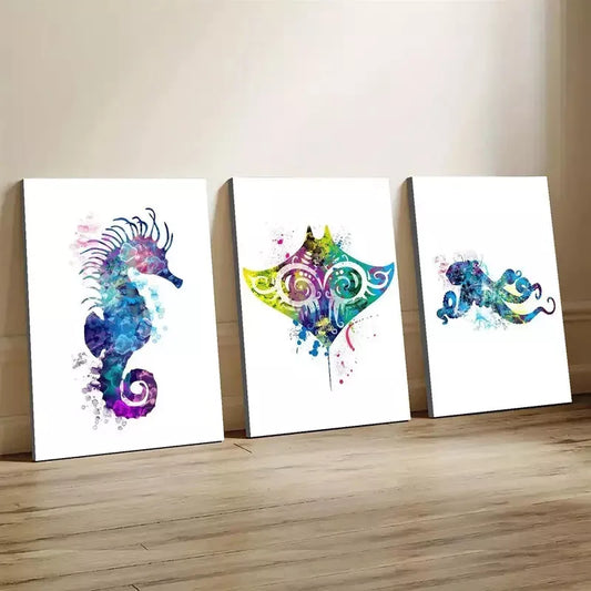 3pcs Whale Sea Horse Octopus Fish Watercolor Wall Art Set Canvas Framed 40x60cm - High Quality Print 100% Australian Made Wall Canvas Ready to Hang