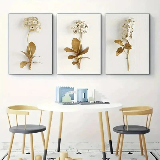 3pcs  Golden Simple White Flower Paintings  Metal Print Ready to Hang Art