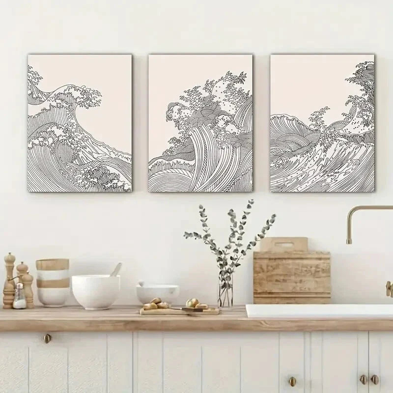 3pcs  Modern Ocean Wave Line  Metal Print Ready to Hang Art