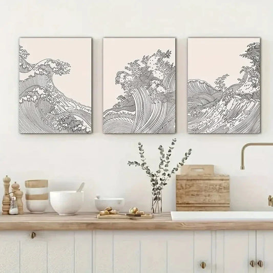 3pcs  Modern Ocean Wave Line  Metal Print Ready to Hang Art