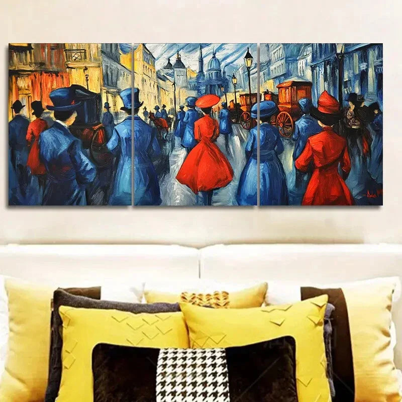 3pcs  Vibrant Market Scene with People in Red Blue Metal Print Ready to Hang Art