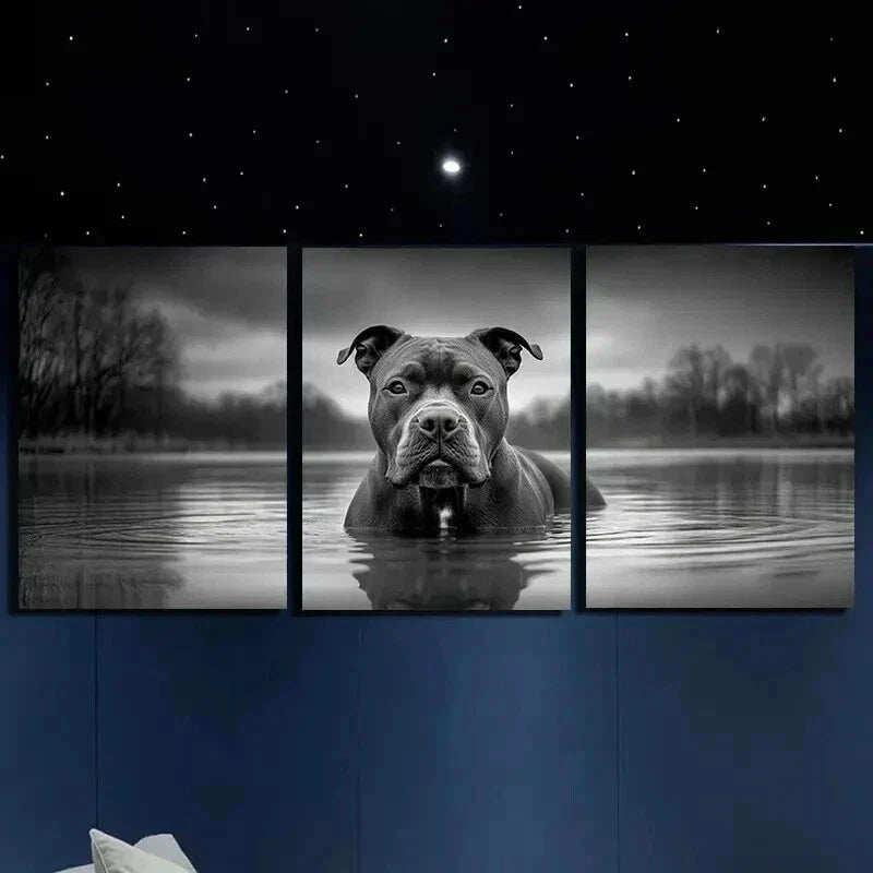 3pcs Abstract Black Dog in River Water Wall Art Set Canvas Framed 40x60cm - High Quality Print 100% Australian Made Wall Canvas Ready to Hang