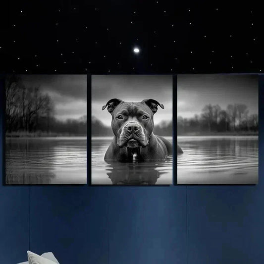 3pcs Abstract Black Dog in River Water Wall Art Set Canvas Framed 40x60cm - High Quality Print 100% Australian Made Wall Canvas Ready to Hang
