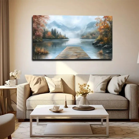 Serene Lake & Autumn Trees Wall Art canvas office home room framed 80x45cm