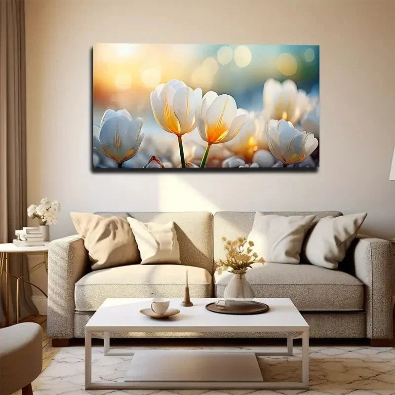 Sunlit White Tulips Bohemian Wall Art Canvas Office Home Room Framed 80x45cm