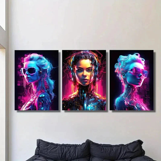 3pcs  colorful female humanoid robot portrait  Metal Print Ready to Hang Art