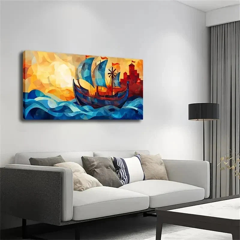 Blue Sailboat On Waves Décor Wall Art Canvas Office Home Room Framed 120x60cm