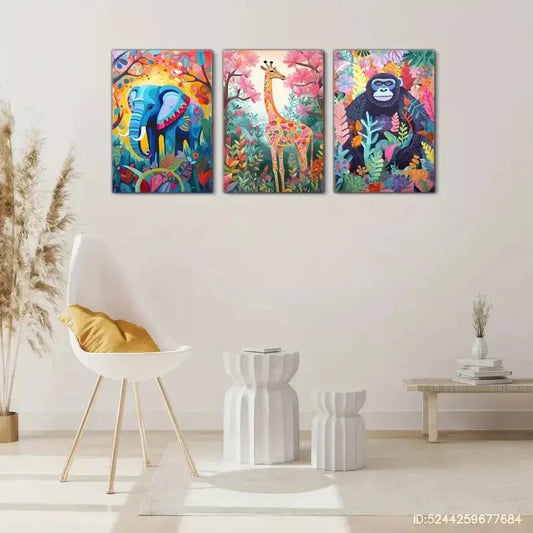 3pcs Chimpanzee Elephant Giraffe Colorful Animals Metal Print Ready to Hang Art