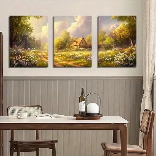 3pcs Sunlit Country Path Wildflower Meadow Metal Print Ready to Hang Art