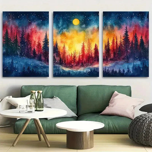 3pcs Whimsical Colorful Forest Starry Night Metal Print Ready to Hang Art